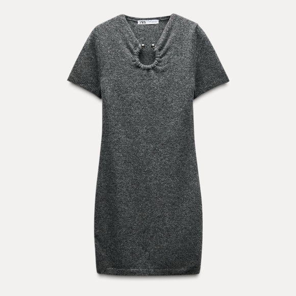 Zara NWT gray short sleeve sweater knit mini dress, silver ring metal applique - Picture 3 of 5